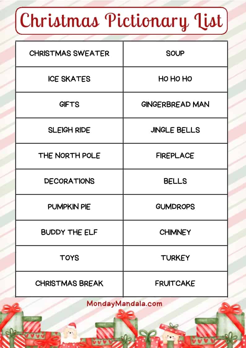 christmas pictionary lists (free pdf printables)